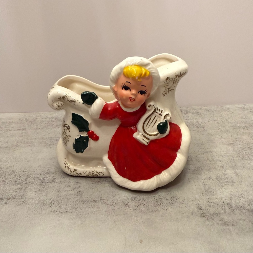 Vintage Mid-Century 50s/60s Norcrest Christimas Girl With Harp Sled Planter